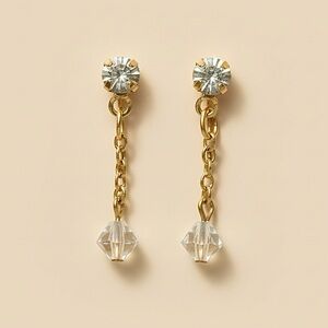 Vintage Rhinestone Drop Clip On Dangle Earrings Gold Chain Crystal Earrings